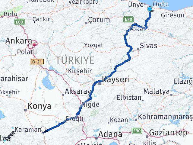 Ordu Çatalpınar Karaman Arası Kaç Km - Yol Haritası