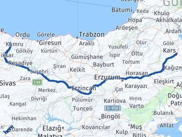 Ordu Çatalpınar Kars Arası Kaç Km - Yol Haritası