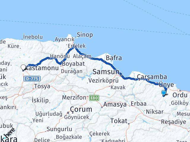 Ordu Çatalpınar Kastamonu Arası Kaç Km - Yol Haritası