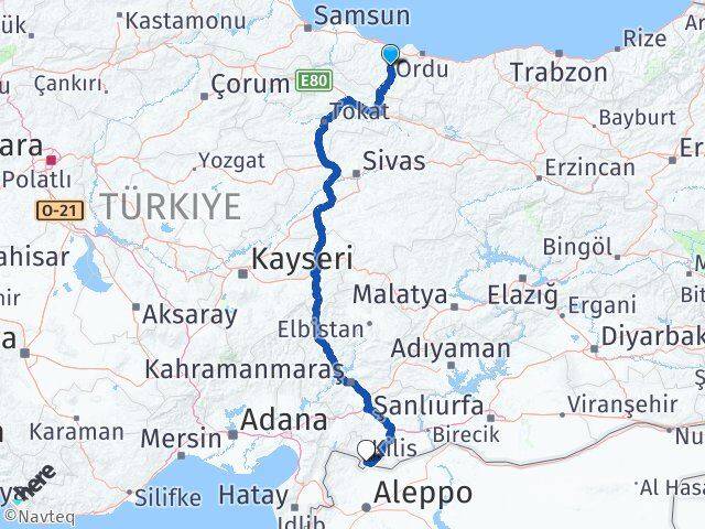 Ordu Çatalpınar Kilis Arası Kaç Km - Yol Haritası