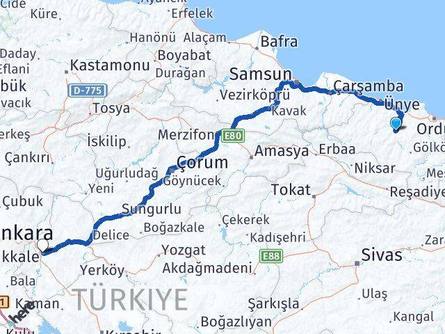 Ordu Çatalpınar Kırıkkale Arası Kaç Km - Yol Haritası