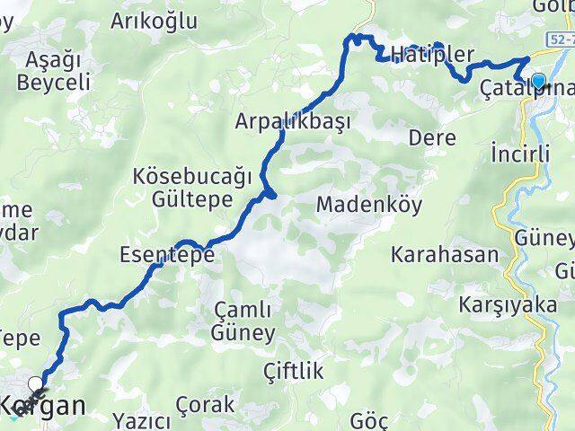 Ordu Çatalpınar Korgan Arası Kaç Km - Yol Haritası