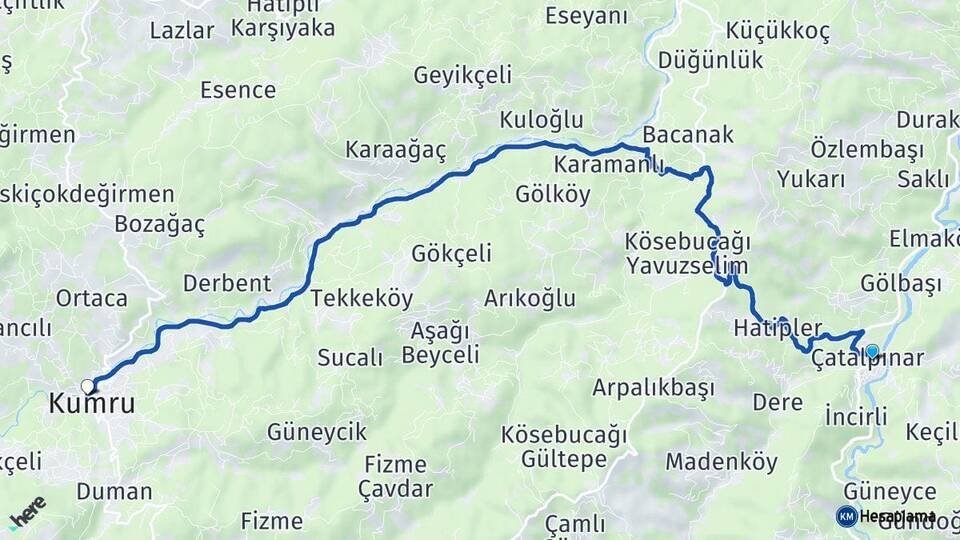 Ordu Çatalpınar Kumru Arası Kaç Km - Yol Haritası
