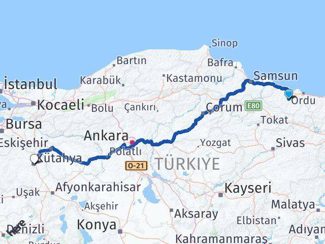 Ordu Çatalpınar Kütahya Arası Kaç Km - Yol Haritası