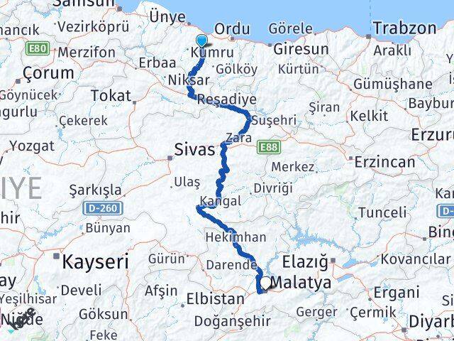 Ordu Çatalpınar Malatya Arası Kaç Km - Yol Haritası