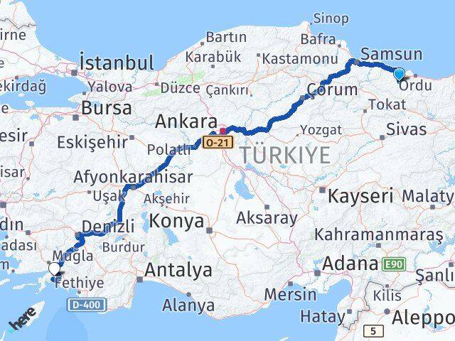 Ordu Çatalpınar Muğla Arası Kaç Km - Yol Haritası