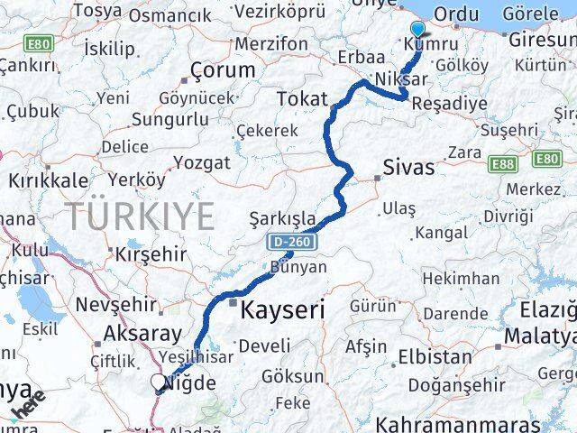 Ordu Çatalpınar Niğde Arası Kaç Km - Yol Haritası