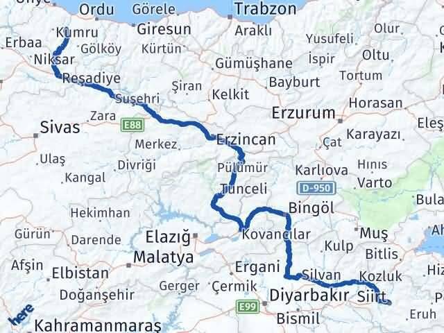 Ordu Çatalpınar Siirt Arası Kaç Km - Yol Haritası