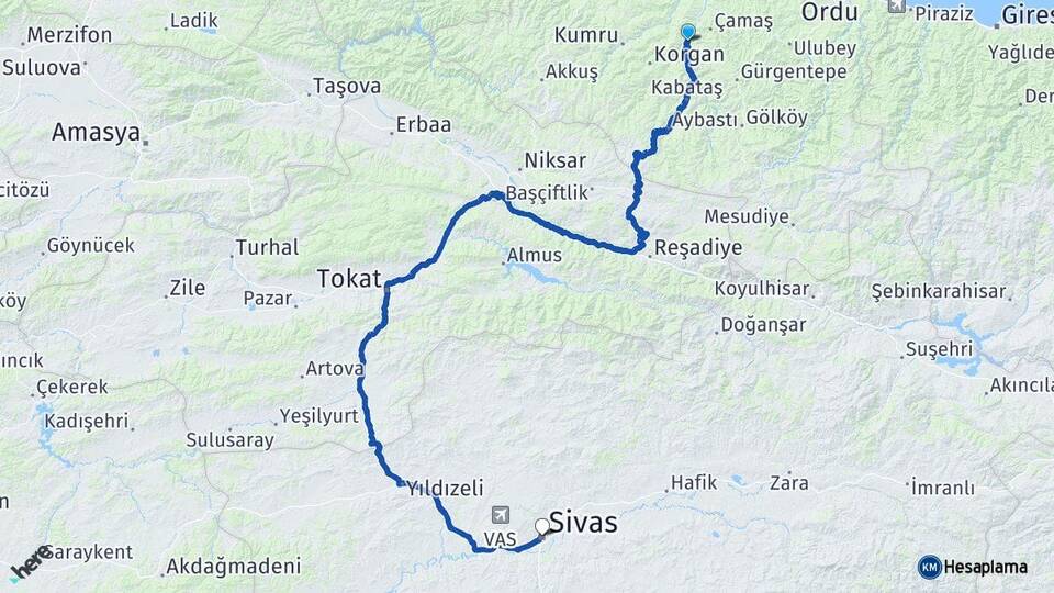 Ordu Çatalpınar Sivas Arası Kaç Km - Yol Haritası