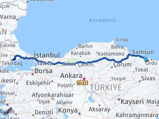 Ordu Çatalpınar Tekirdağ Arası Kaç Km - Yol Haritası