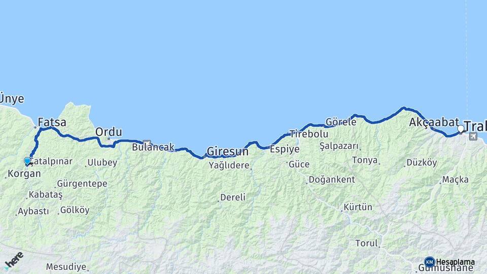 Ordu Çatalpınar Trabzon Arası Kaç Km - Yol Haritası