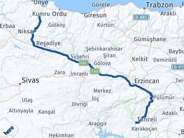 Ordu Çatalpınar Tunceli Arası Kaç Km - Yol Haritası