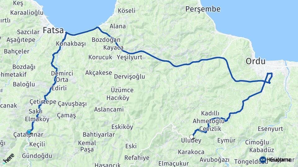 Ordu Çatalpınar Ulubey Arası Kaç Km - Yol Haritası