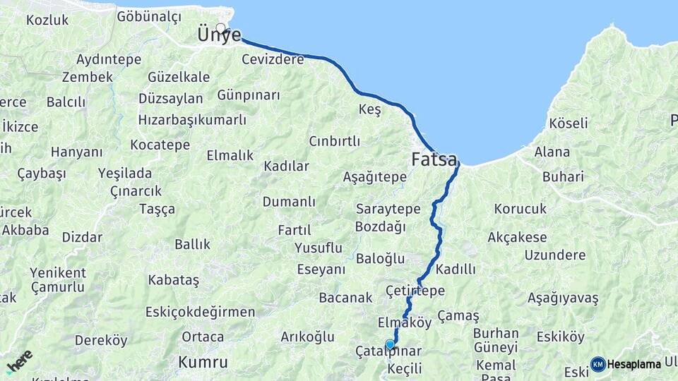 Ordu Çatalpınar Ünye Arası Kaç Km - Yol Haritası