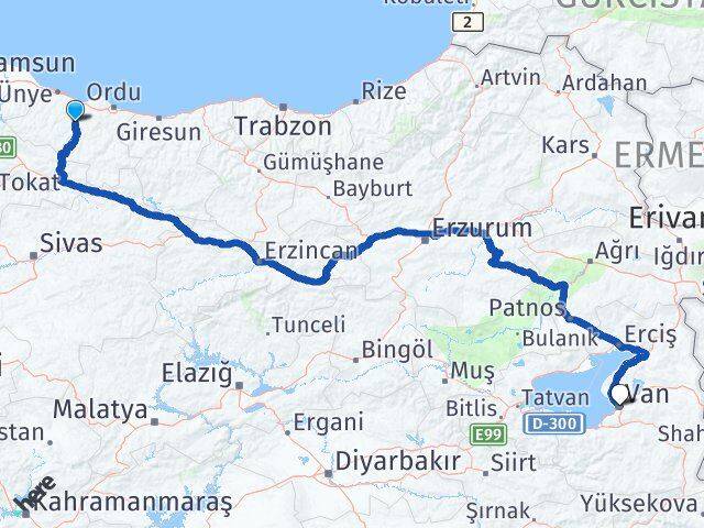 Ordu Çatalpınar Van Arası Kaç Km - Yol Haritası