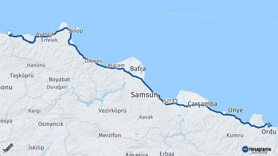 Ordu Çatalzeytin Kastamonu Arası Kaç Km - Yol Haritası