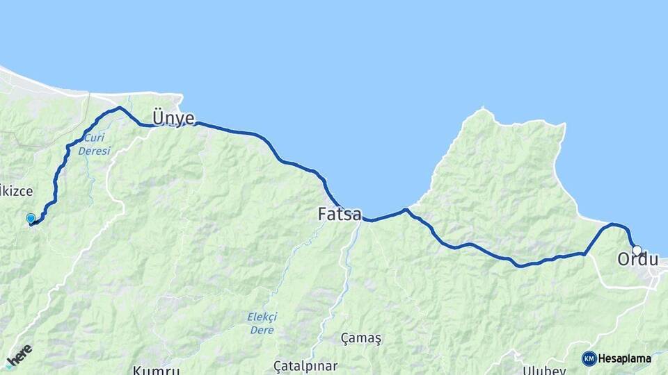 Ordu Çaybaşı Altınordu Arası Kaç Km - Yol Haritası