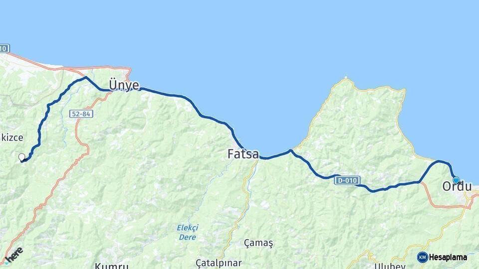 Ordu Çaybaşı Arası Kaç Km - Yol Haritası