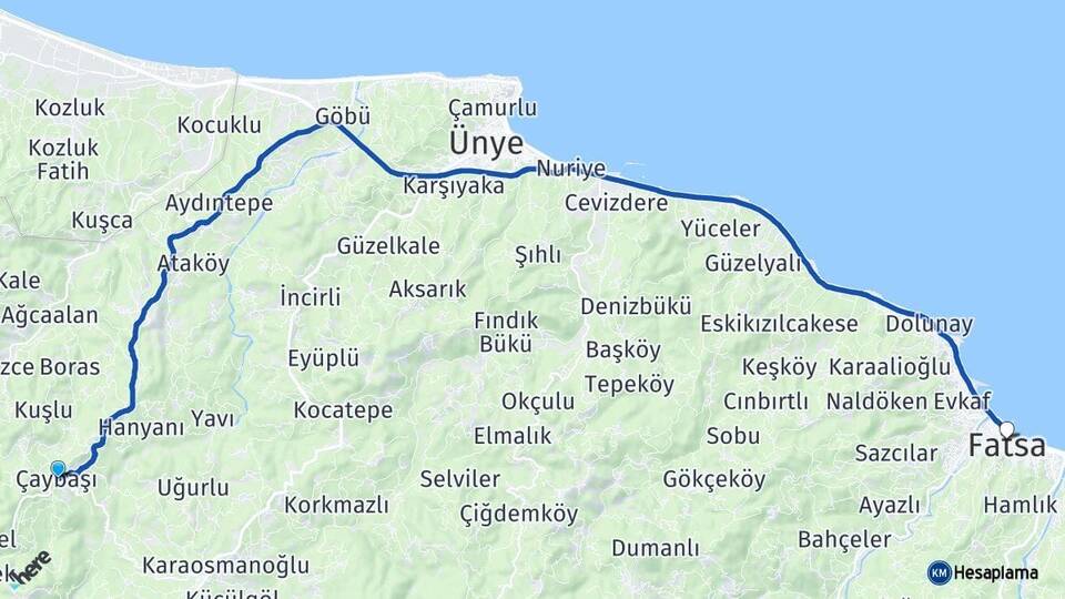 Ordu Çaybaşı Fatsa Arası Kaç Km - Yol Haritası