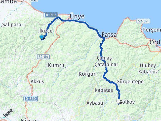Ordu Çaybaşı Gölköy Arası Kaç Km - Yol Haritası