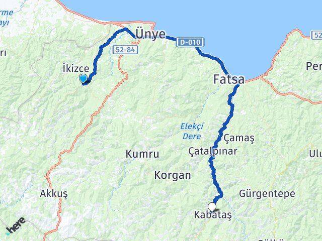 Ordu Çaybaşı Kabataş Arası Kaç Km - Yol Haritası