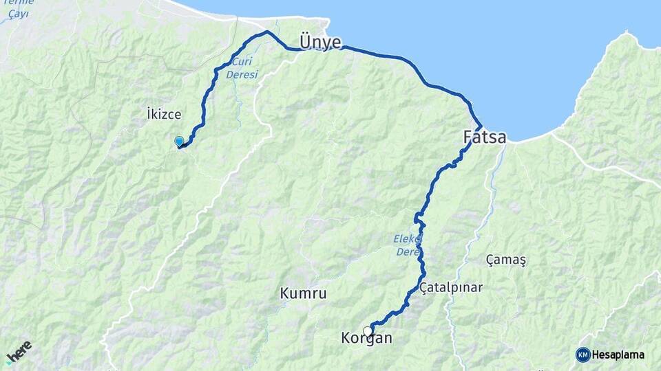 Ordu Çaybaşı Korgan Arası Kaç Km - Yol Haritası