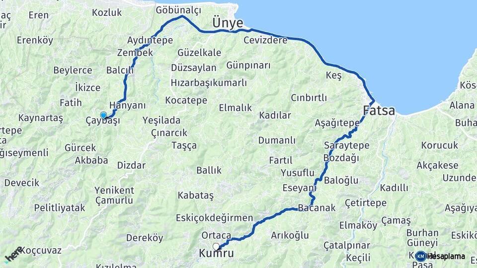 Ordu Çaybaşı Kumru Arası Kaç Km - Yol Haritası