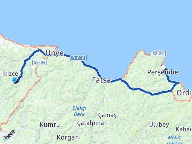 Ordu Çaybaşı Perşembe Arası Kaç Km - Yol Haritası