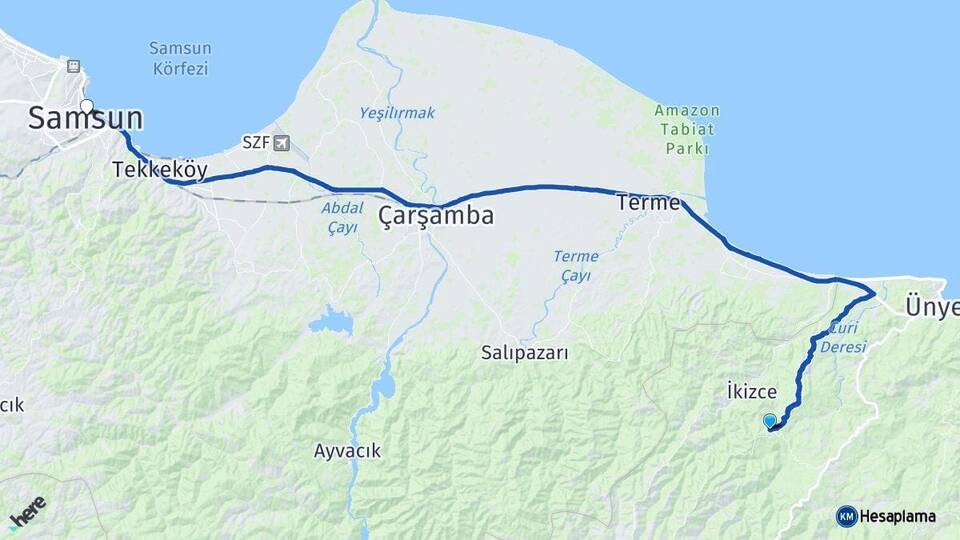 Ordu Çaybaşı Samsun Arası Kaç Km - Yol Haritası