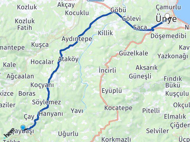 Ordu Çaybaşı Ünye Arası Kaç Km - Yol Haritası