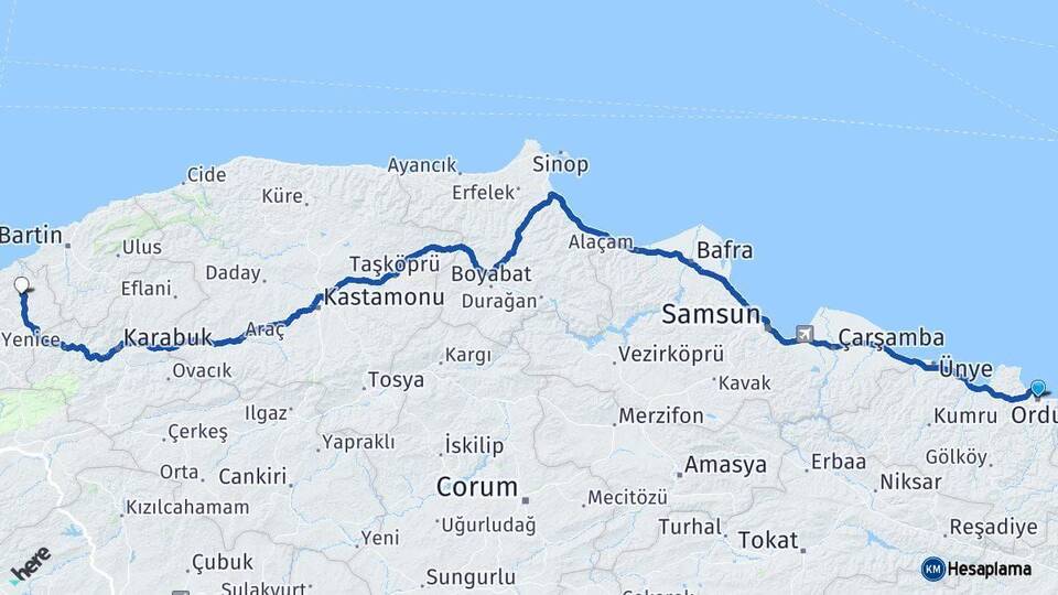 Ordu Çaycuma Zonguldak Arası Kaç Km - Yol Haritası