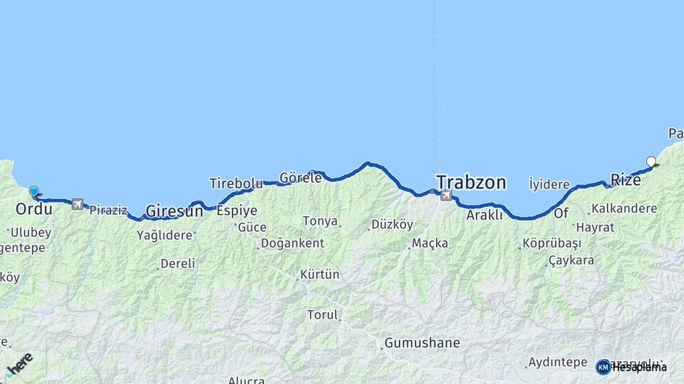 Ordu Çayeli Rize Arası Kaç Km - Yol Haritası