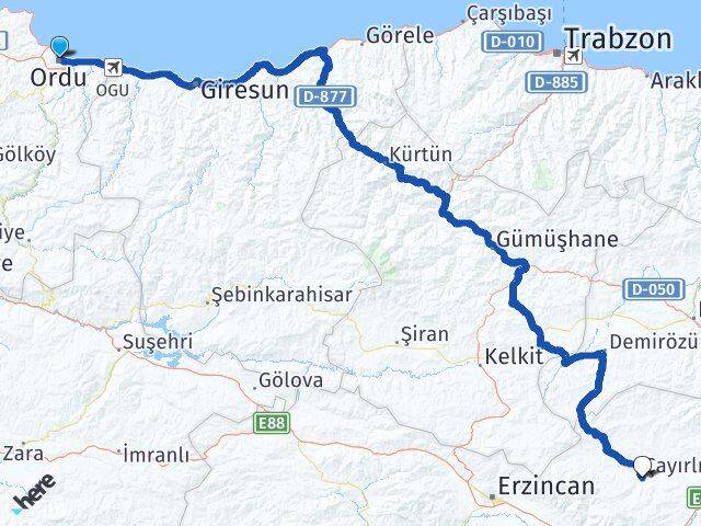Ordu Çayırlı Erzincan Arası Kaç Km - Yol Haritası
