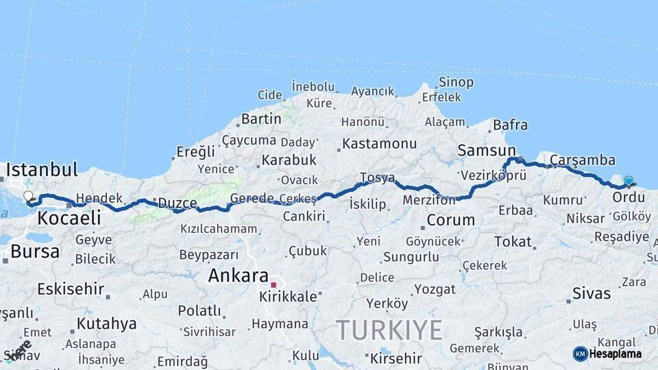 Ordu Çayırova Kocaeli Arası Kaç Km - Yol Haritası