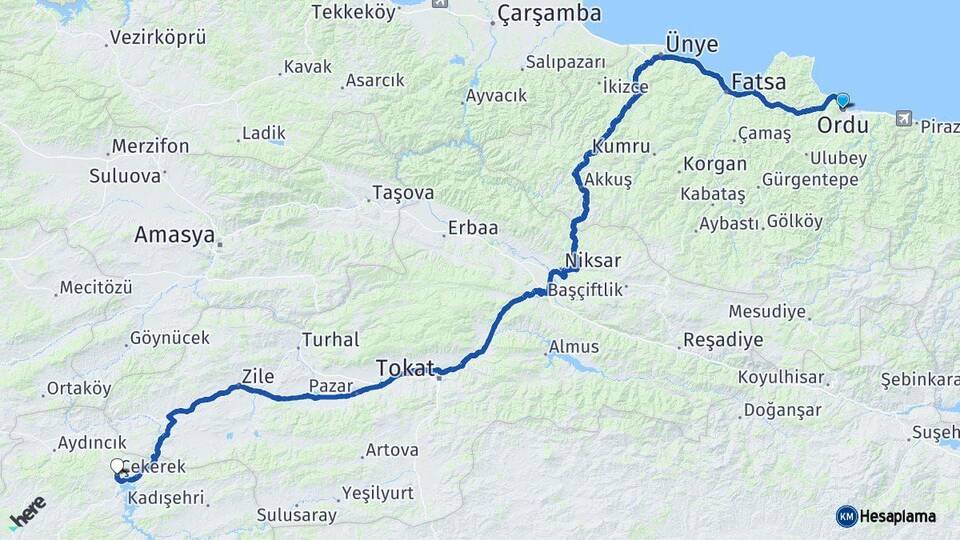 Ordu Çekerek Yozgat Arası Kaç Km - Yol Haritası