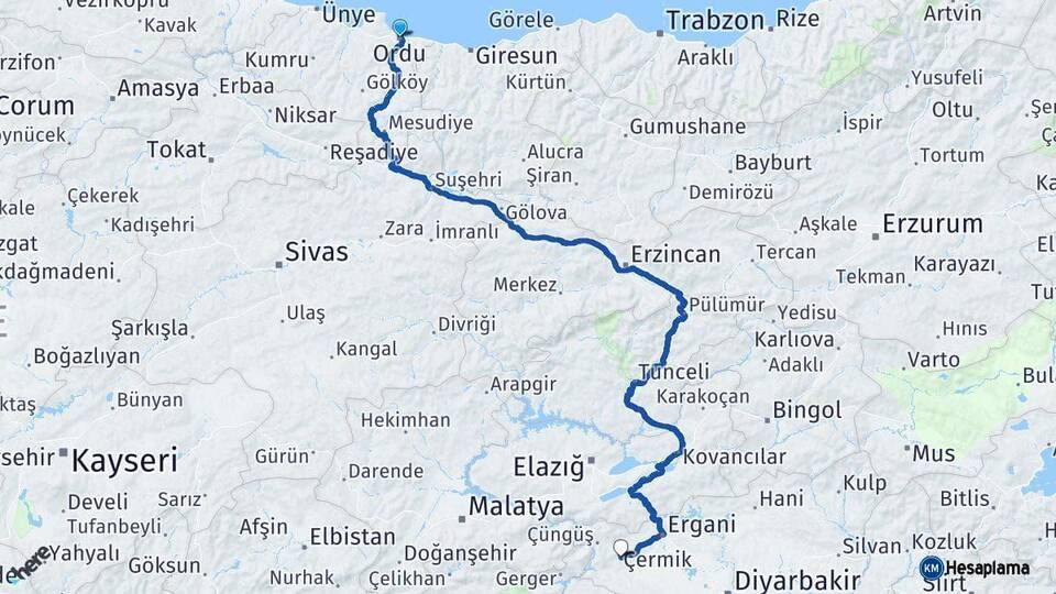 Ordu Çermik Diyarbakır Arası Kaç Km - Yol Haritası