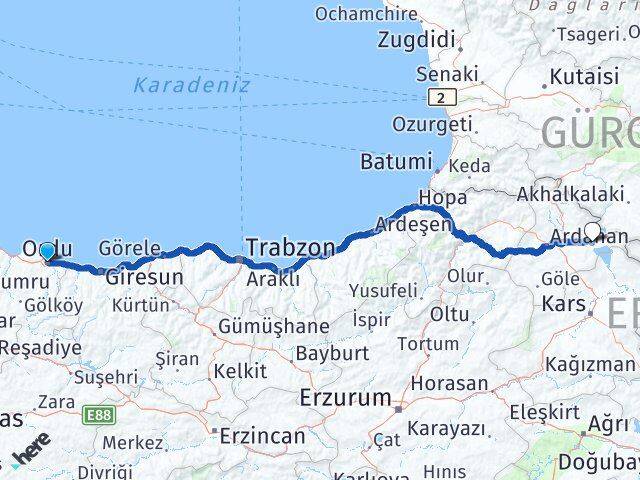 Ordu Çıldır Ardahan Arası Kaç Km - Yol Haritası