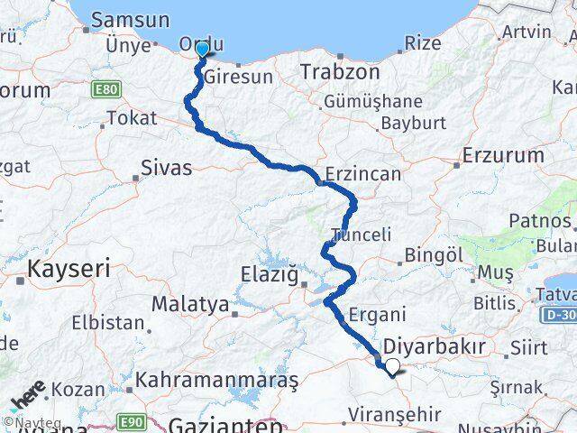 Ordu Çınar Diyarbakır Arası Kaç Km - Yol Haritası