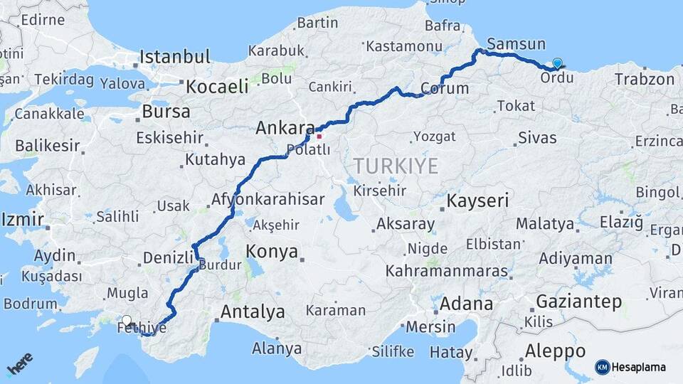 Ordu Dalaman Muğla Arası Kaç Km - Yol Haritası