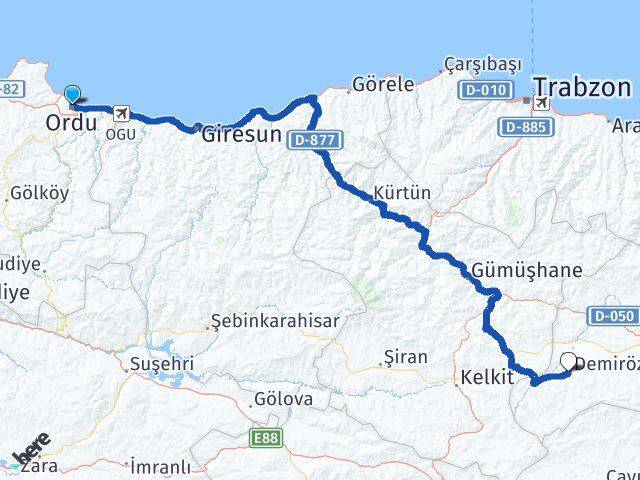 Ordu Demirözü Bayburt Arası Kaç Km - Yol Haritası