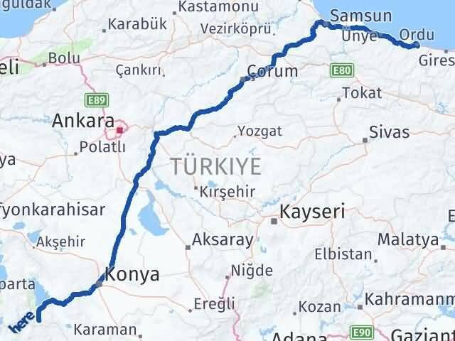 Ordu Derebucak Konya Arası Kaç Km - Yol Haritası