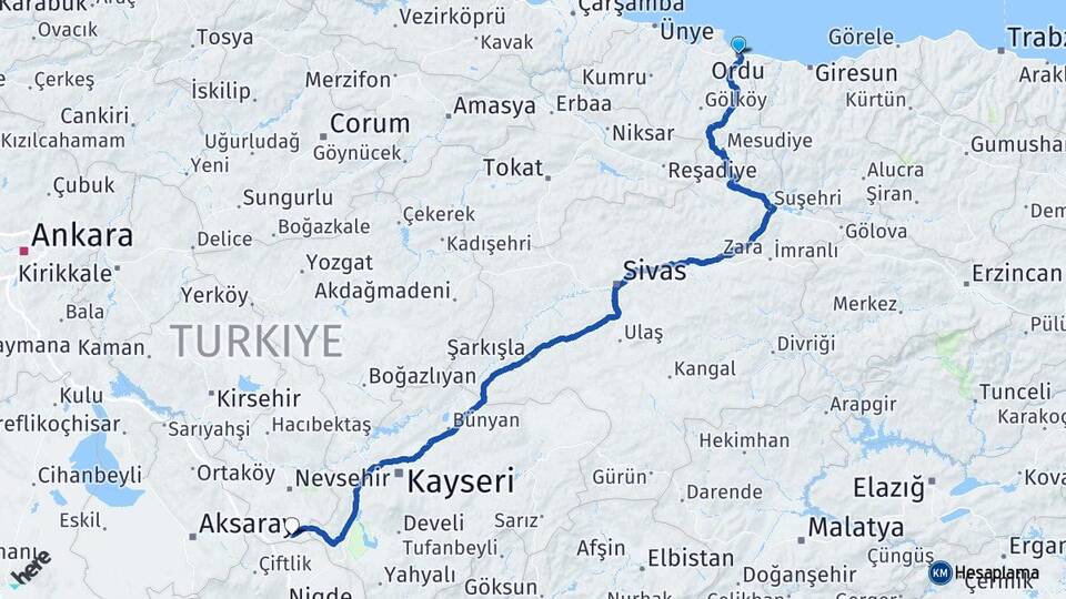 Ordu Derinkuyu Nevşehir Arası Kaç Km - Yol Haritası