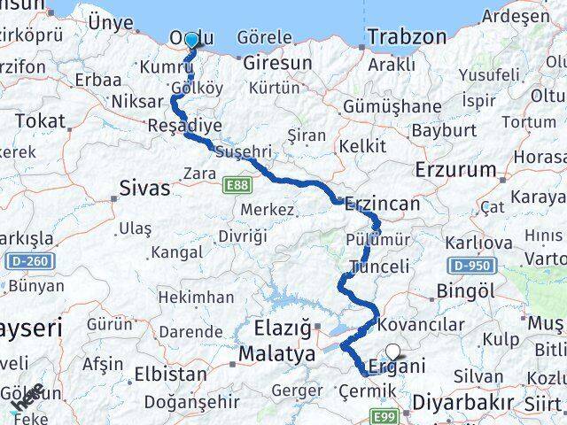 Ordu Dicle Diyarbakır Arası Kaç Km - Yol Haritası