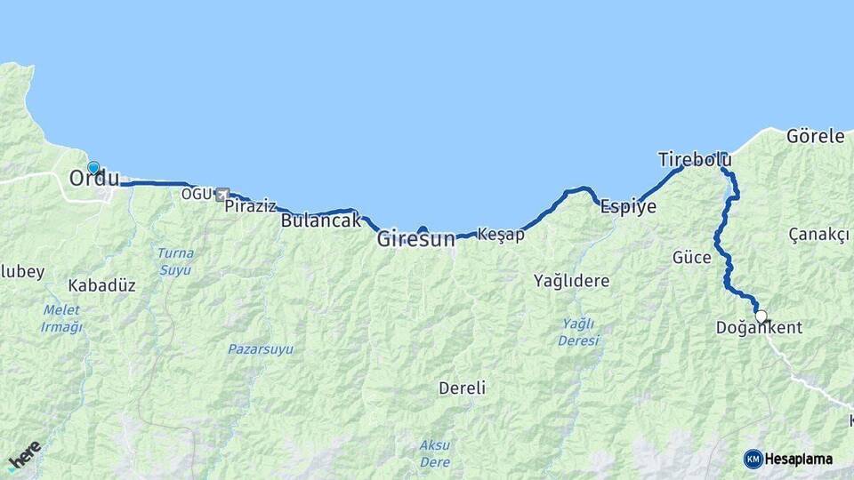 Ordu Doğankent Giresun Arası Kaç Km - Yol Haritası