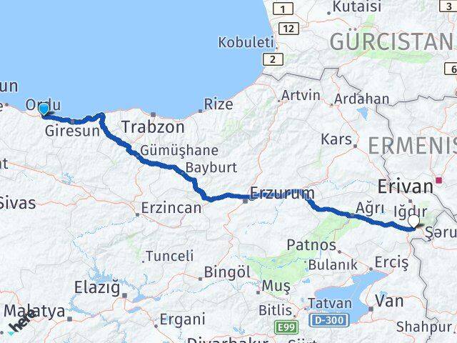 Ordu Doğubayazıt Ağrı Arası Kaç Km - Yol Haritası