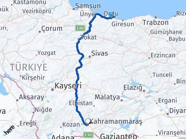 Ordu Dulkadiroğlu Kahramanmaraş Arası Kaç Km - Yol Haritası