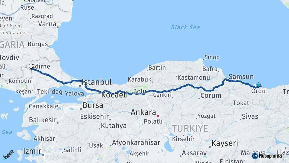 Ordu Edirne Arası Kaç Km - Yol Haritası