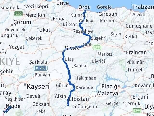 Ordu Ekinözü Kahramanmaraş Arası Kaç Km - Yol Haritası