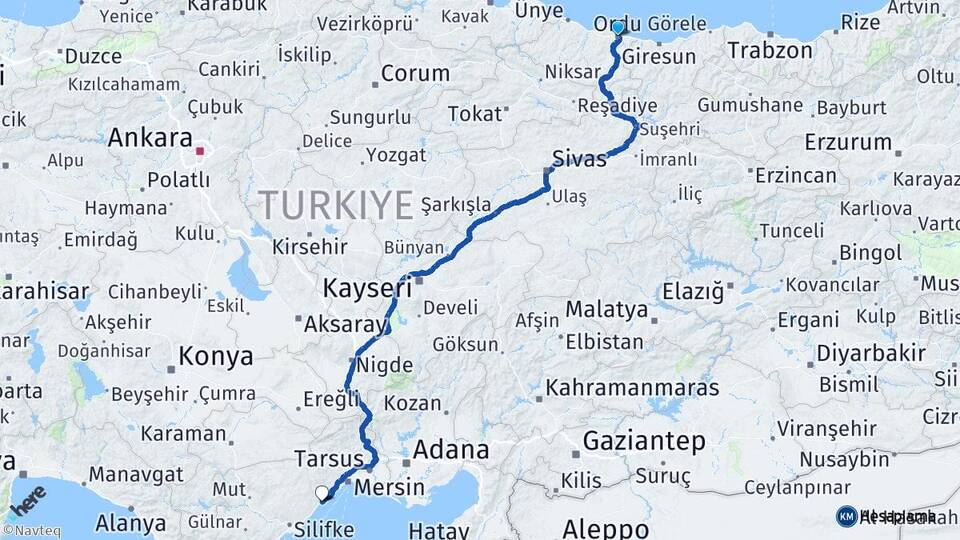 Ordu Erdemli Mersin Arası Kaç Km - Yol Haritası