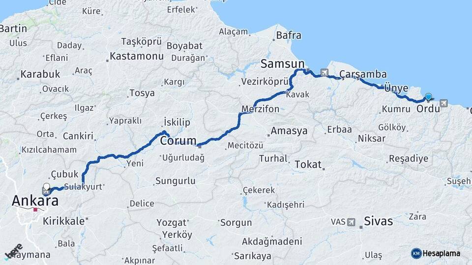 Ordu Esenboğa Havalimanı Arası Kaç Km - Yol Haritası